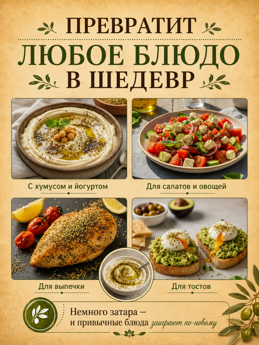 Оливковое масло и приправа заатар с семечками, кунжутом и нутом (восточная смесь трав и специй), 100 гр описание специи